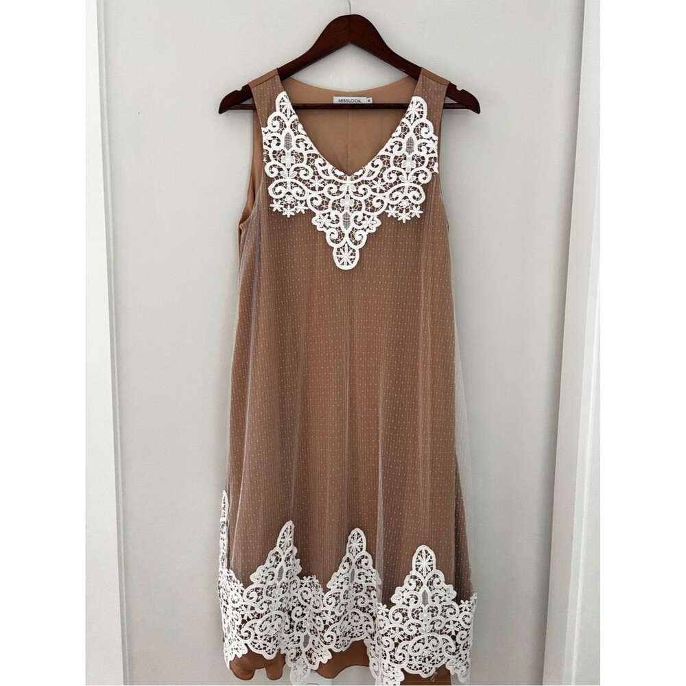 MISSLOOK Sleeveless Lace Overlay Shift Dress Size Medium Cottagecore Romantic